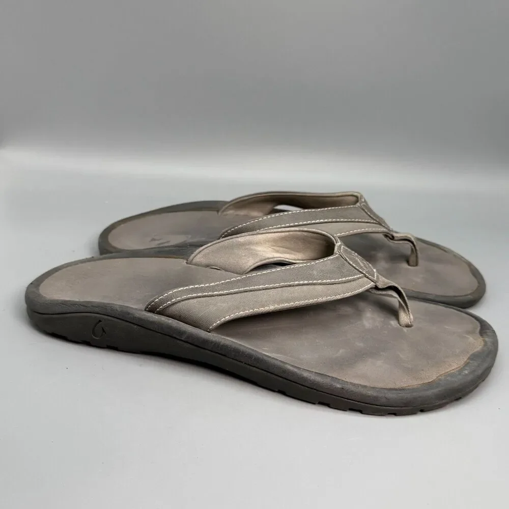 OluKai Ohana Koa Men's 12 Gray Leather Slip-On Flip Flop Sandals Comfort Shoes